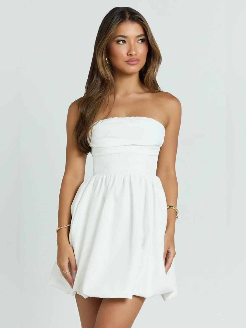 SHOWPO Shaima Strapless Bubble Hem Mini Dress In White